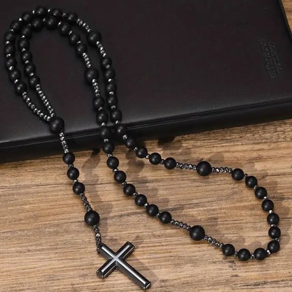 Tiger Eye Natural Stone Black Gallstone Cross Men's Stone Necklace 8mm (NEW) - Picture 1 of 6